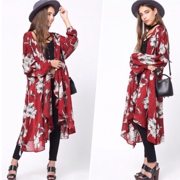 A Southern Gypsy Sweaters - Wine Burgundy Boho Floral Long Sleeve Kimono